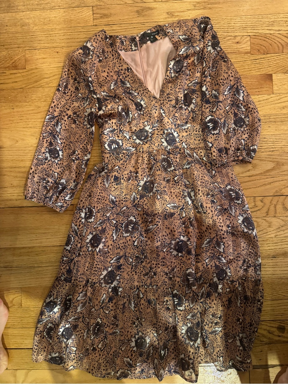 Aqua Floral V-Neck Long Sleeve Midi Dress in Blush Brown